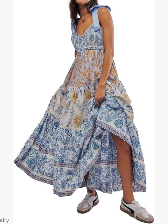 Floral Boho Maxi Dress Smocked Bodice Tie Shoulder Pockets Lightweight Polyester